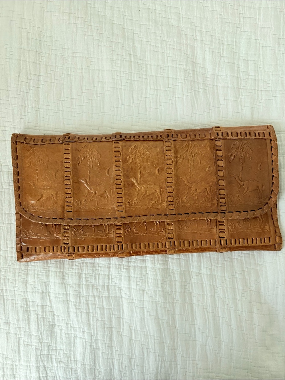 Vintage Tooled Leather Clutch Desert Camel in Cognac Brown